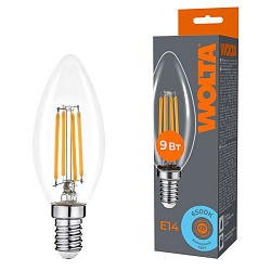 Светодиодная лампа WOLTA Filament, AC 220-240В, 50/60 Гц, прозрачное стекло, "Свеча", C35, E14, 9 Вт, 810 лм, 6500 К, 1/10/100 WF-C35-9W6KE14
