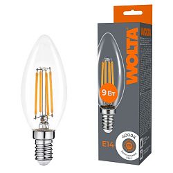 Светодиодная лампа WOLTA Filament, AC 220-240В, 50/60 Гц, прозрачное стекло, "Свеча", C35, E14, 9 Вт, 810 лм, 4000 К, 1/10/100 WF-C35-9W4KE14