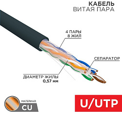 Кабель витая пара U/UTP, CAT 6, PE, 4PR, 23AWG, OUTDOOR, SOLID, черный, 305м REXANT 01-0058