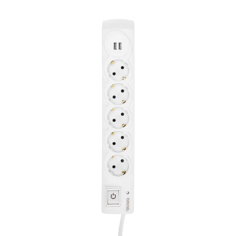 Фильтр сетевой 5 гнезд, 5м, 3х1,5мм², с автовыкл, 2 USB, белый KRANZ - Фото 2