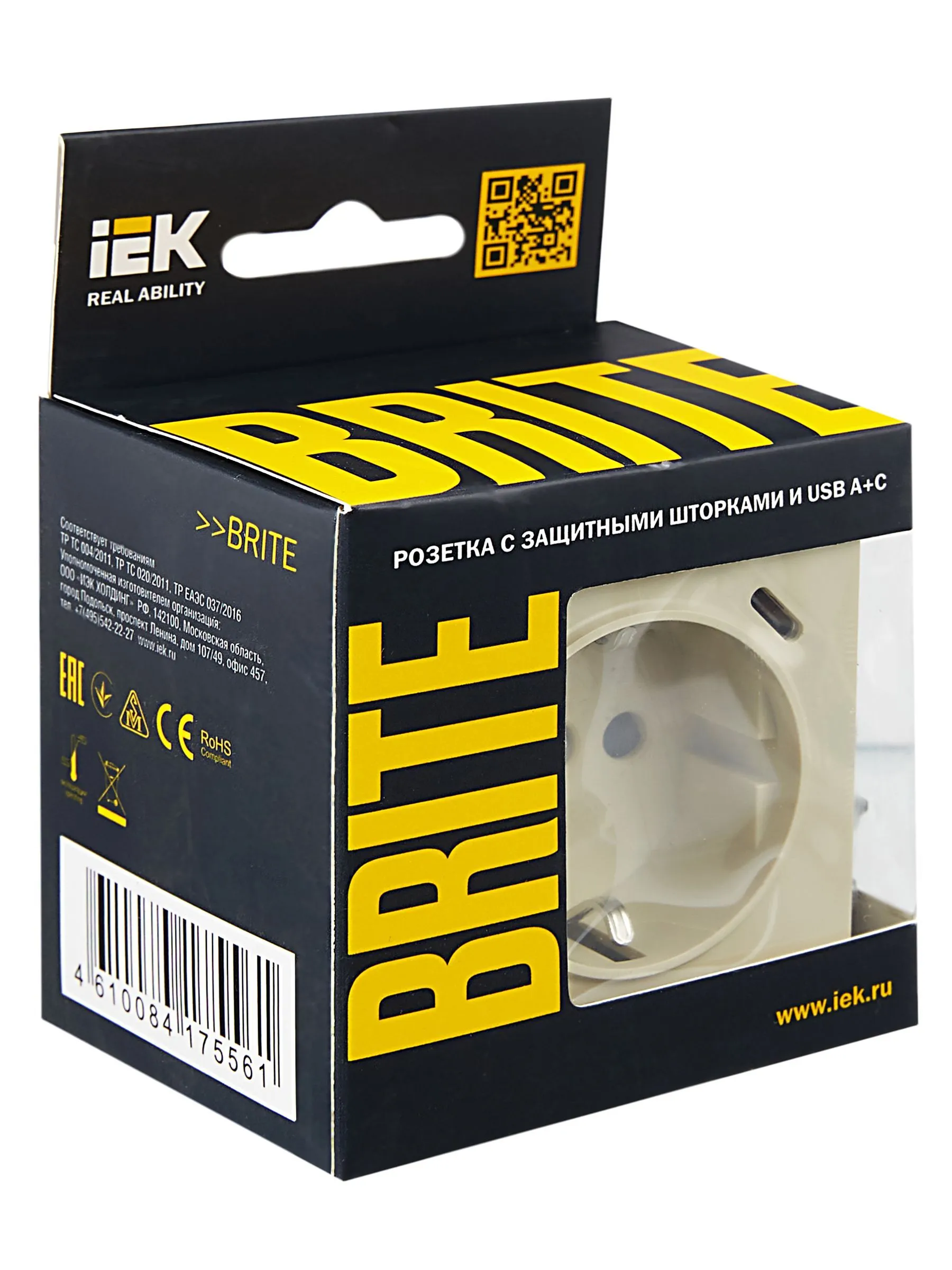BRITE Розетка 1-местная с заземлением с защитными шторками 16А с USB A+C 18Вт РЮш11-1-БрКр бежевый IEK - Фото 5