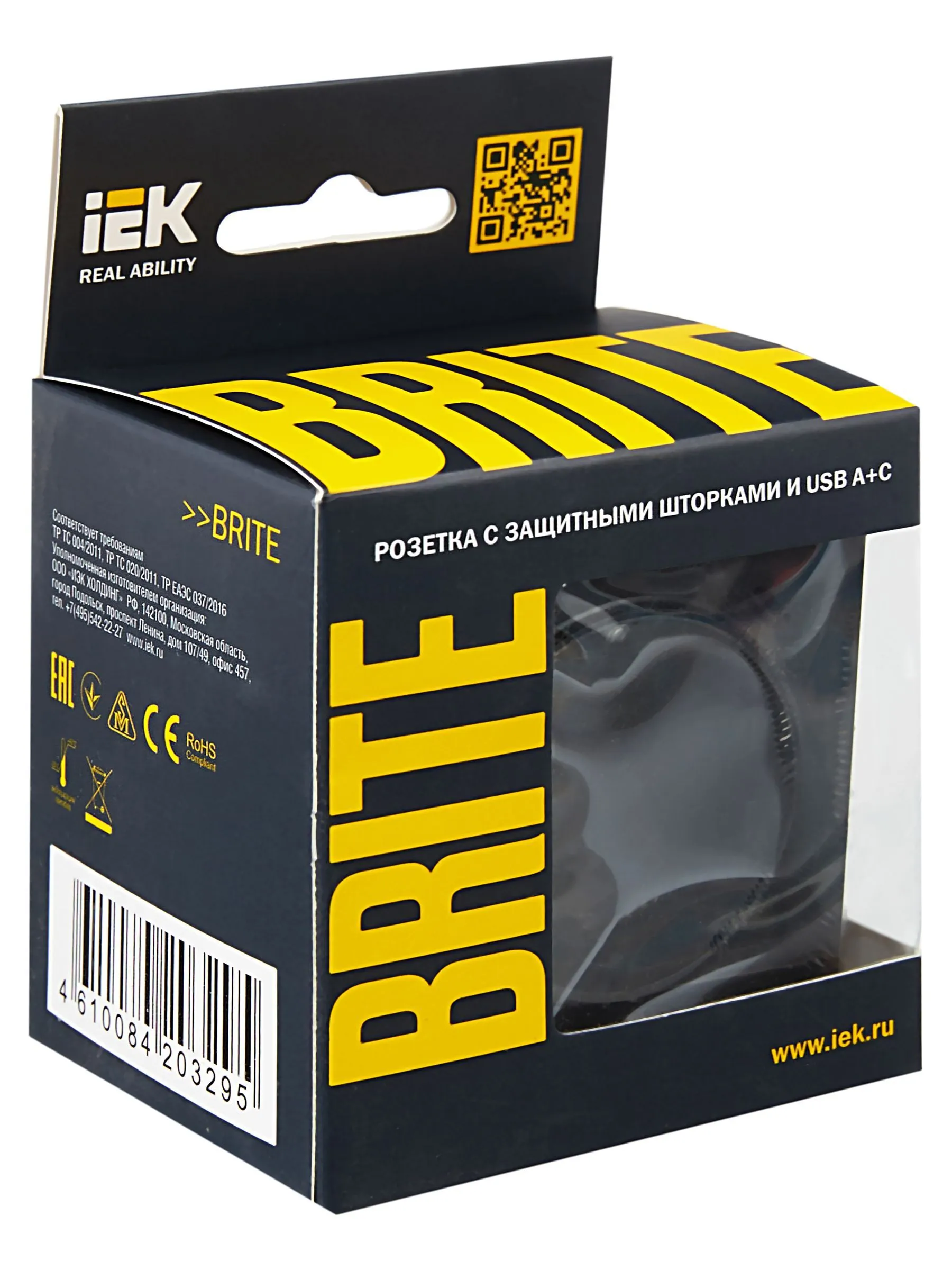 BRITE Розетка 1-местная с заземлением с защитными шторками 16А с USB A+C 18Вт РЮш11-1-БрЧ черный IEK - Фото 7