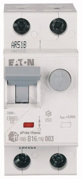Дифф. авт. выключатель HNB-C20/1N/003, 1P+N, 20A, хар-ка C, 6kA, 30mA, тип АC, 2M Eaton