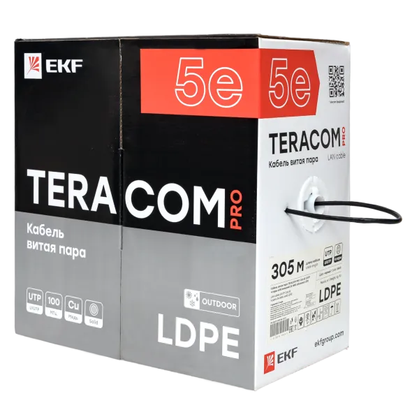 Витая пара TERACOM PRO Cat.5E U/UTP 4 п. solid внеш. 24AWG LDPE черн. (305м) - Фото 3