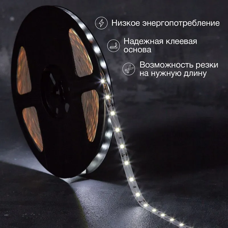 Лента светодиодная 12В, SMD2835, 4,8Вт/м, 60 LED/м, 6500К, 8мм, 20м, для БП с клеммами, IP20 LAMPER - Фото 2