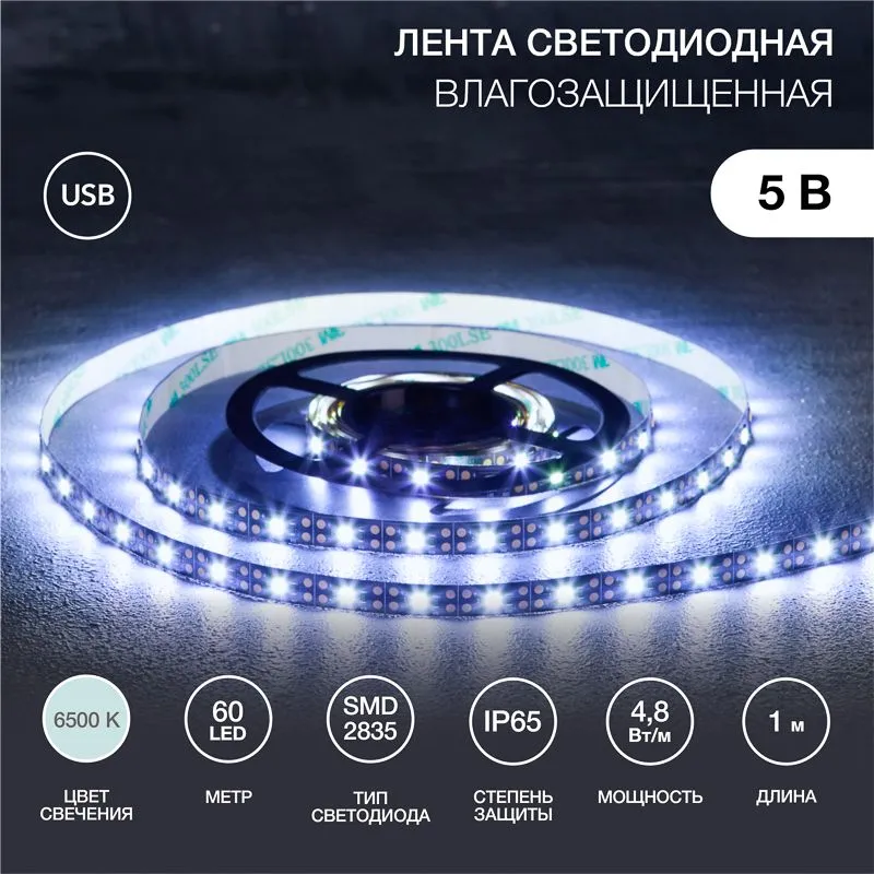 Лента светодиодная 5В, SMD2835, 4,8Вт/м, 60 LED/м, 6500K, 8мм, 1м, с USB коннектором, черная, IP65 L