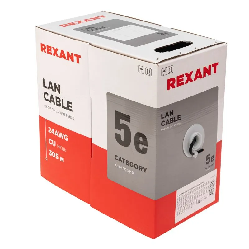 Кабель витая пара U/UTP, CAT 5e, PE, 4PR, 24AWG, OUTDOOR, SOLID, черный, 305м, REXANT - Фото 3
