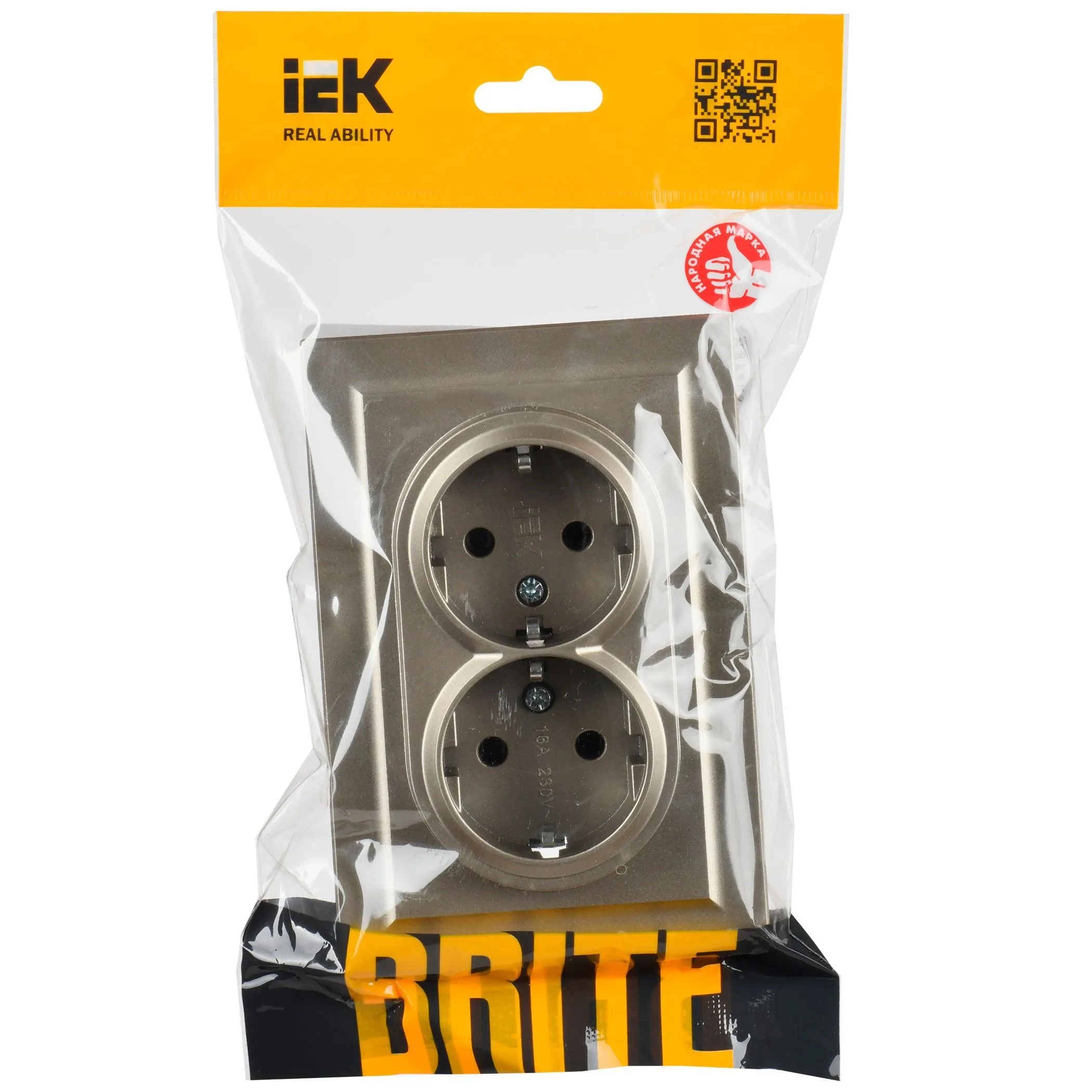 BRITE Розетка 2-местная с заземлением без защитных шторок 16А в сборе РС12-3-БрШ шампань IEK - Фото 7