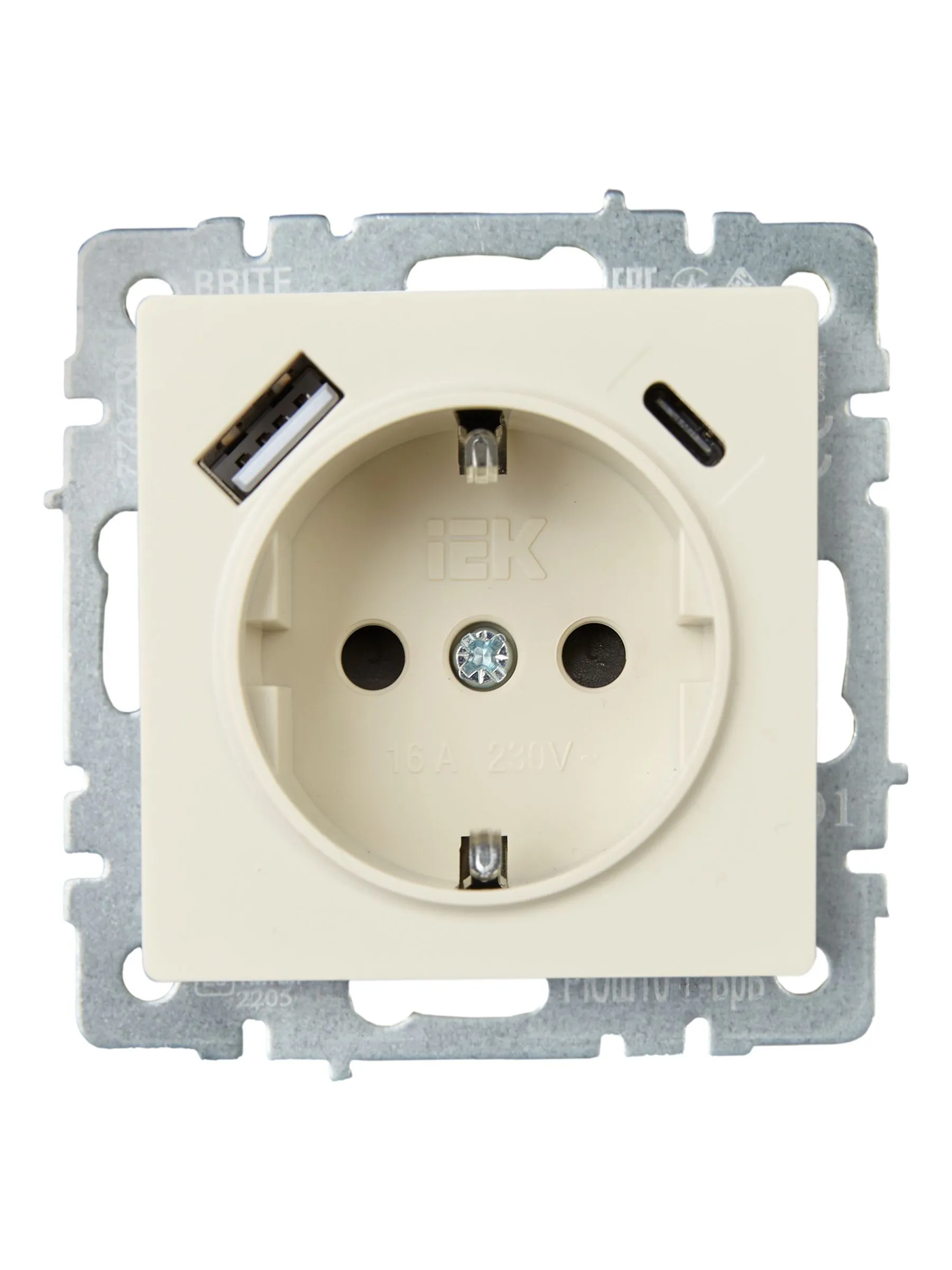 BRITE Розетка 1-местная с заземлением с защитными шторками 16А с USB A+C 18Вт РЮш11-1-БрКр бежевый IEK - Фото 7