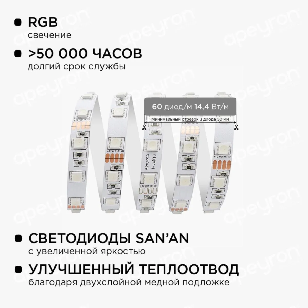 Комплект светодиодной ленты smd5050 60д/м 12В IP20 5м RGB Apeyron - Фото 7